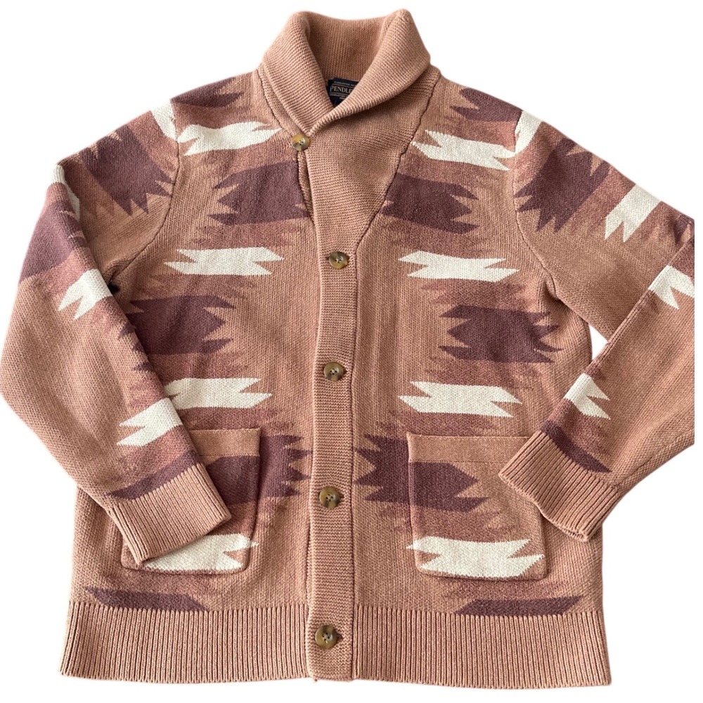 Pendleton Mens Cotton Southwestern Shawl Collar Cardigan Sweater Brown Medium